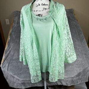 Alfred Dunner Top Womens‎ 24W Tank 2 Layer Lace Mint Green Long Sleeve Shirt